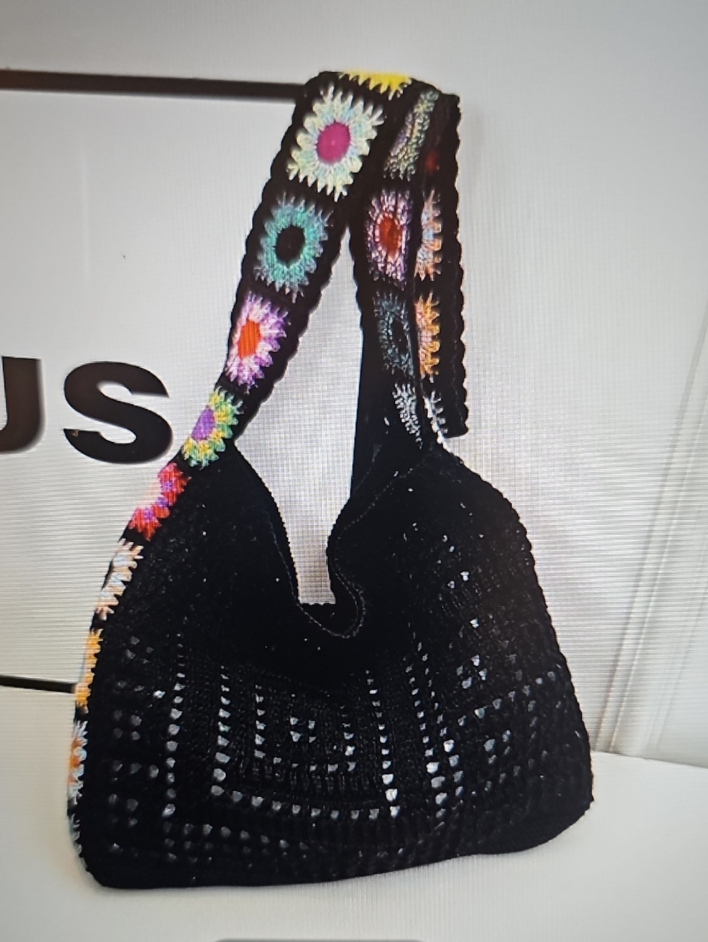 New Bohemian Black Crochet Hollowed Hobo Bag with Multi-Color Strap Floral Retro